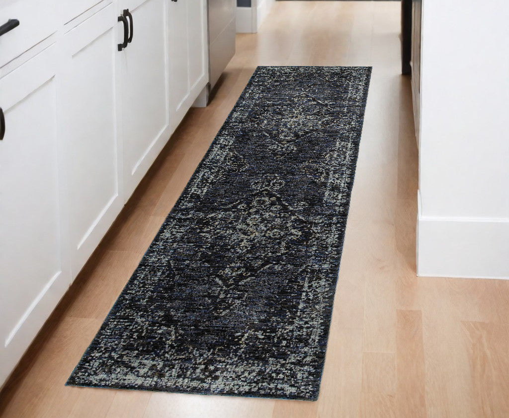 8' Runner Blue and Ivory Oriental Power Loom Runner Rug