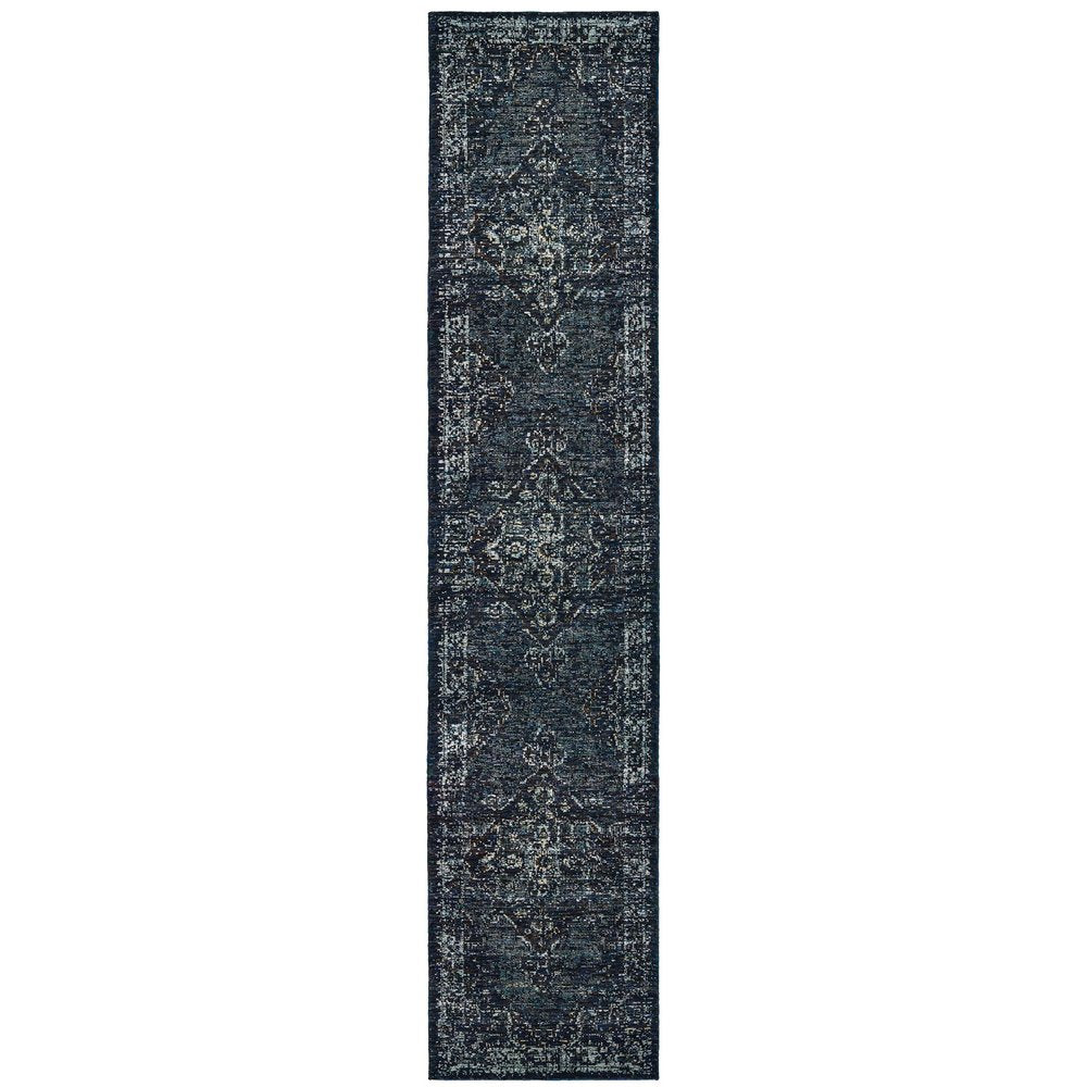 12' Blue And Brown Oriental Runner Rug
