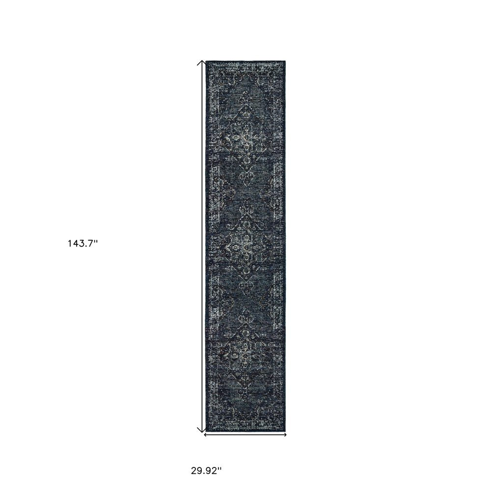 12' Blue And Brown Oriental Runner Rug