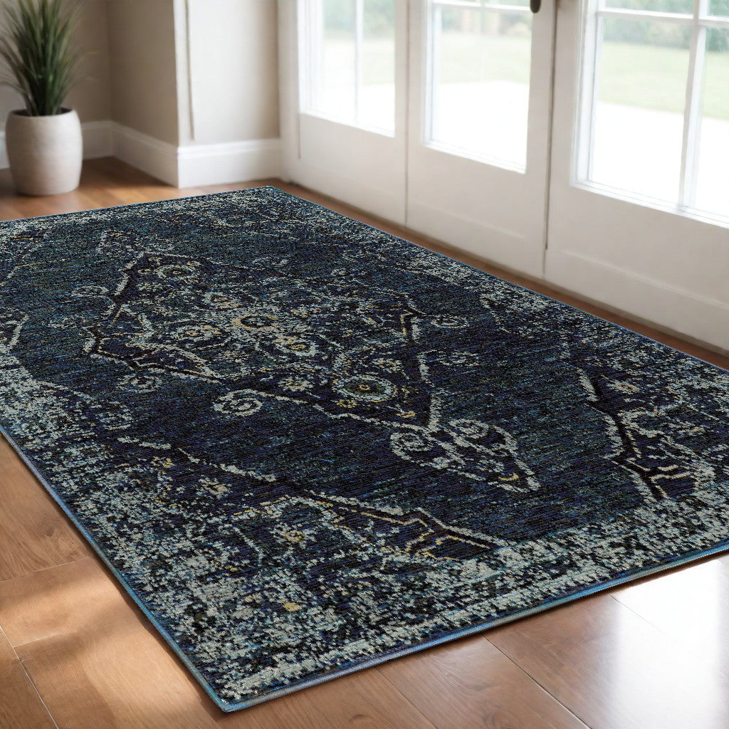 3' X 5' Blue and Ivory Oriental Power Loom Area Rug