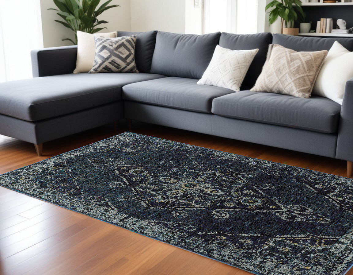 7' X 10' Blue and Black Oriental Power Loom Area Rug