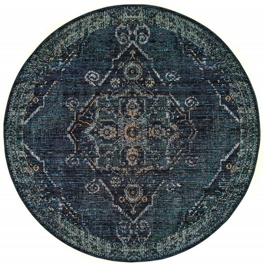 8' Blue and Black Round Oriental Power Loom Area Rug