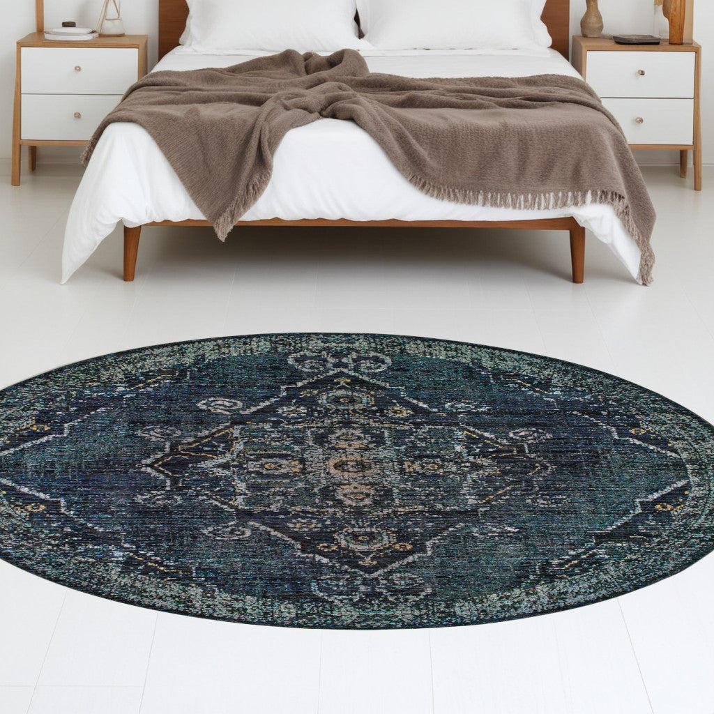 8' Blue and Black Round Oriental Power Loom Area Rug