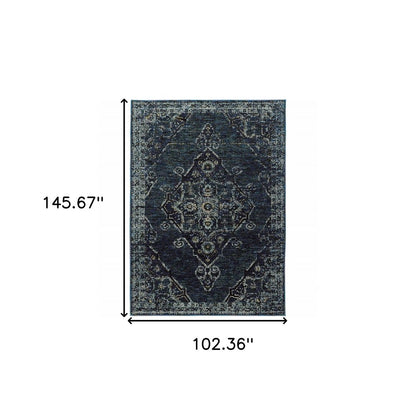 9' X 12' Blue and Ivory Oriental Power Loom Area Rug