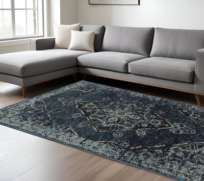 9' X 12' Blue and Ivory Oriental Power Loom Area Rug