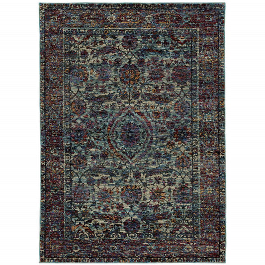 10' X 13' Blue Green Oriental Power Loom Area Rug
