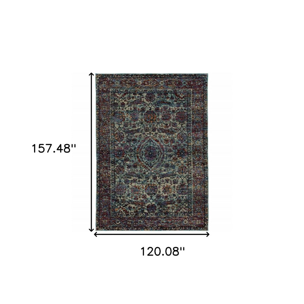 10' X 13' Blue Green Oriental Power Loom Area Rug