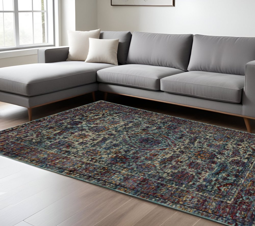 10' X 13' Blue Green Oriental Power Loom Area Rug