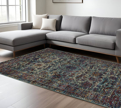 10' X 13' Blue Green Oriental Power Loom Area Rug