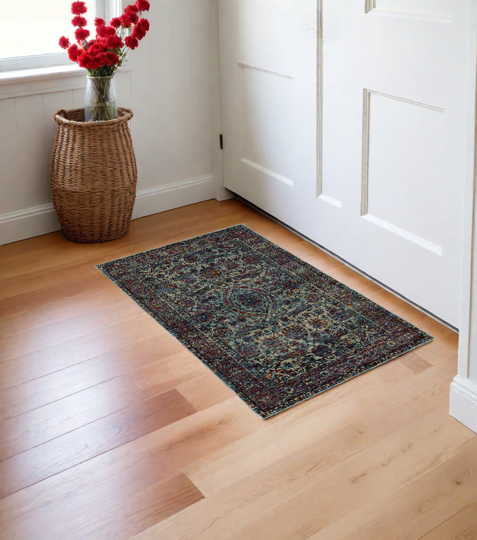 2' X 3' Blue and Purple Oriental Power Loom Area Rug