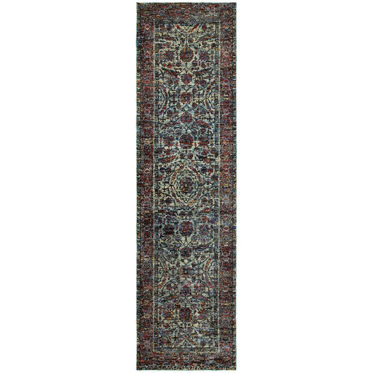 8' Runner Blue and Purple Oriental Power Loom Runner Rug