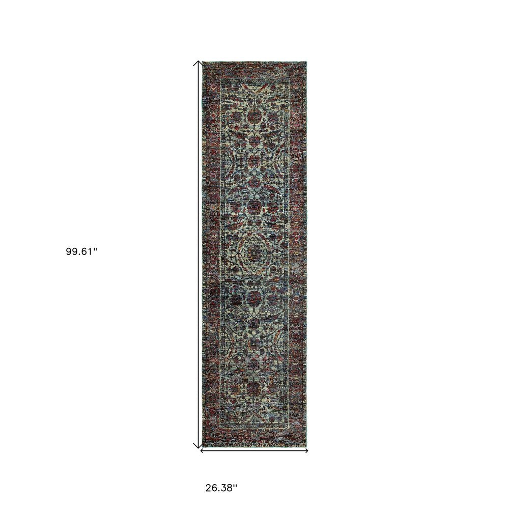 Long oriental runner rug with intricate floral medallion in red, navy & ivory; 99.6" x 26.4