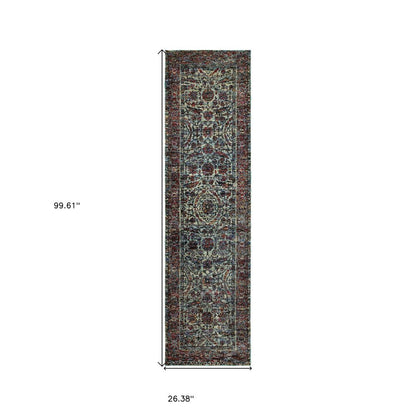 Long oriental runner rug with intricate floral medallion in red, navy & ivory; 99.6" x 26.4