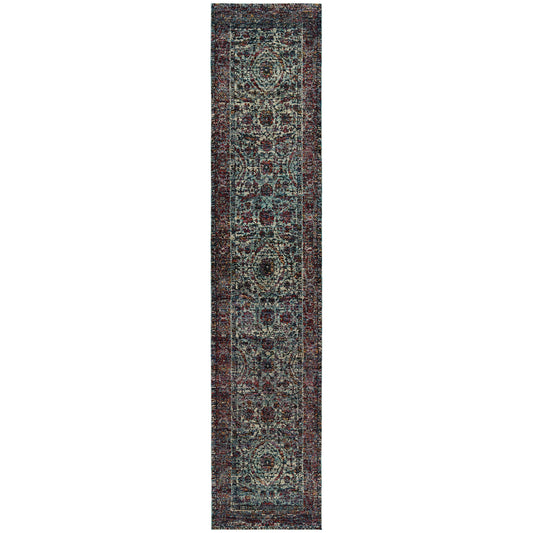 12' Runner Blue and Purple Oriental Power Loom Runner Rug