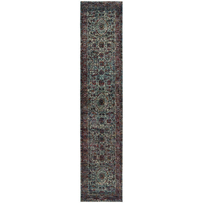 12' Blue And Purple Oriental Runner Rug