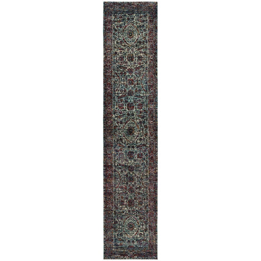 12' Blue And Purple Oriental Runner Rug