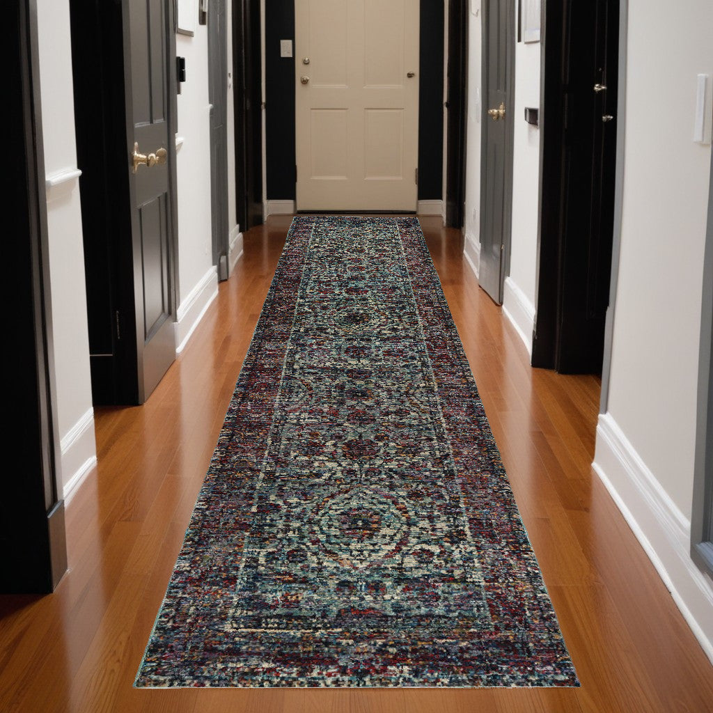 12' Runner Blue and Purple Oriental Power Loom Runner Rug