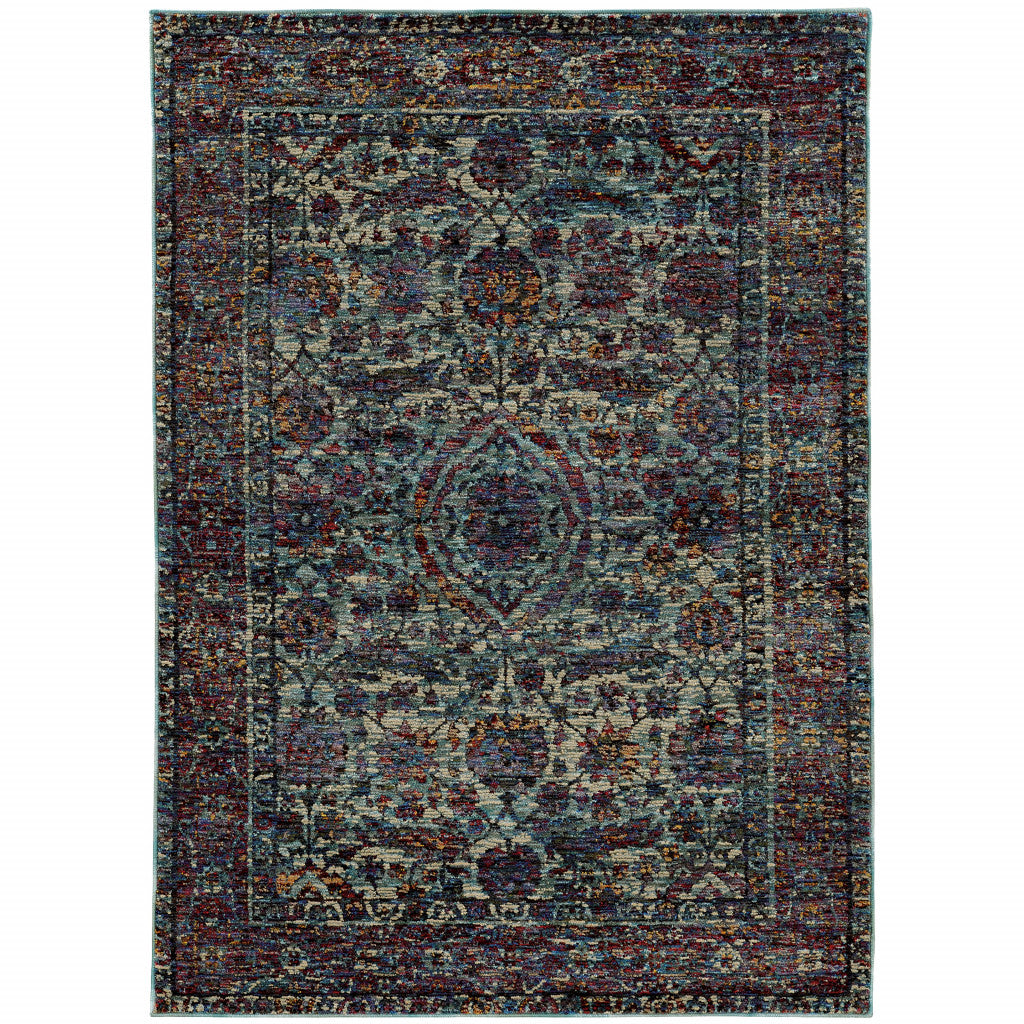 5' X 7' Blue and Purple Oriental Power Loom Area Rug