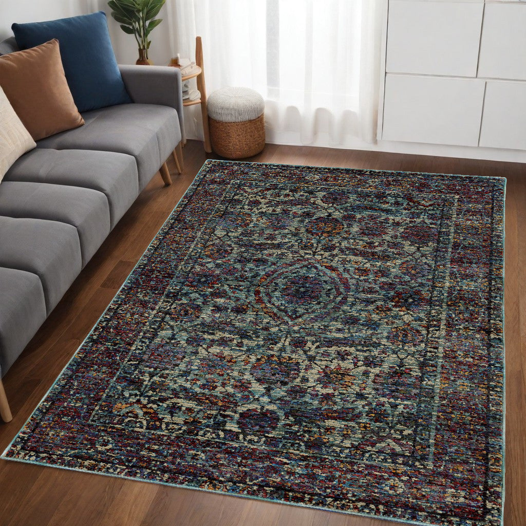 5' X 7' Blue and Purple Oriental Power Loom Area Rug