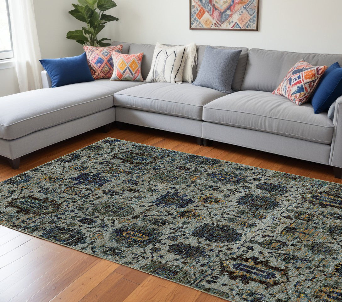 10' X 13' Blue Green Oriental Power Loom Area Rug