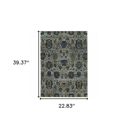 Blue-gray oriental rug with intricate floral medallion pattern, beige and navy accents, measures 39.37 by 22.83 inches.
