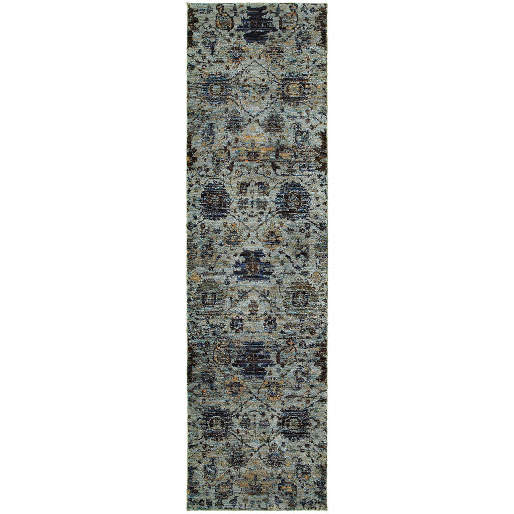 8' Runner Blue Green Oriental Power Loom Runner Rug