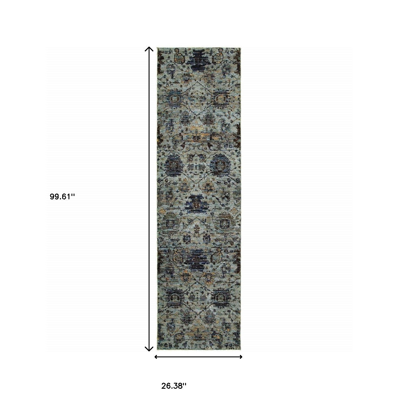 8' Runner Blue Green Oriental Power Loom Runner Rug