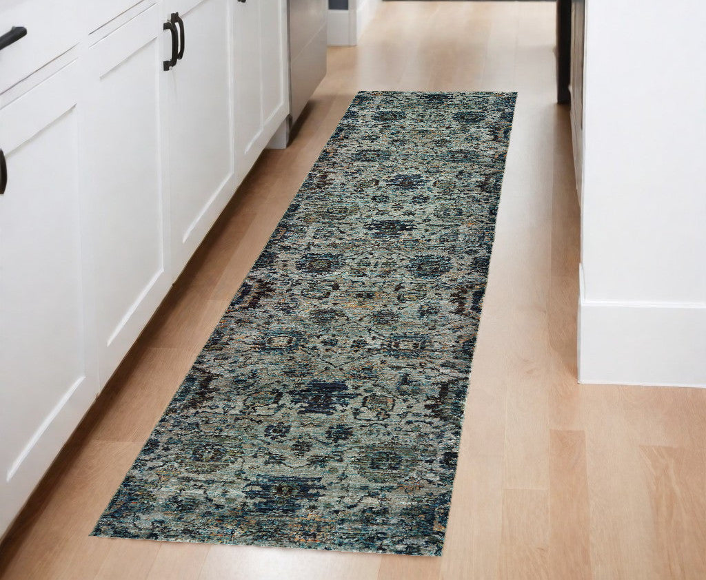 8' Runner Blue Green Oriental Power Loom Runner Rug