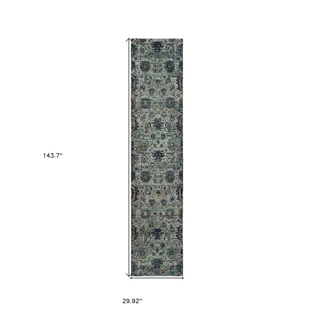 Blue and ivory oriental runner rug with intricate medallion pattern; long hall rug, 143.7 x 29.92 in.