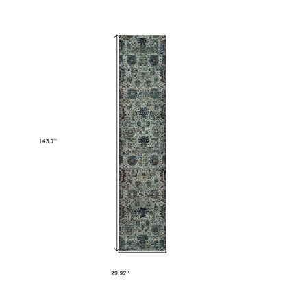 Blue and ivory oriental runner rug with intricate medallion pattern; long hall rug, 143.7 x 29.92 in.