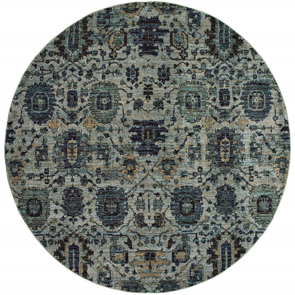 8' Blue Green Round Oriental Power Loom Area Rug