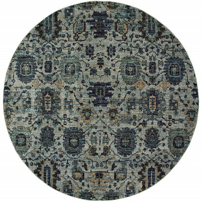 8' Blue Green Round Oriental Power Loom Area Rug