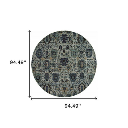 8' Blue Green Round Oriental Power Loom Area Rug