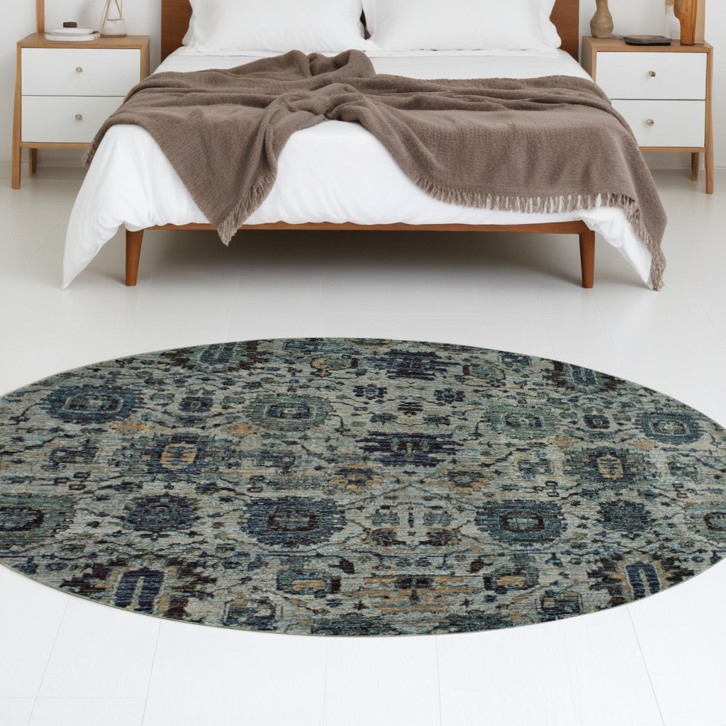 8' Blue Green Round Oriental Power Loom Area Rug