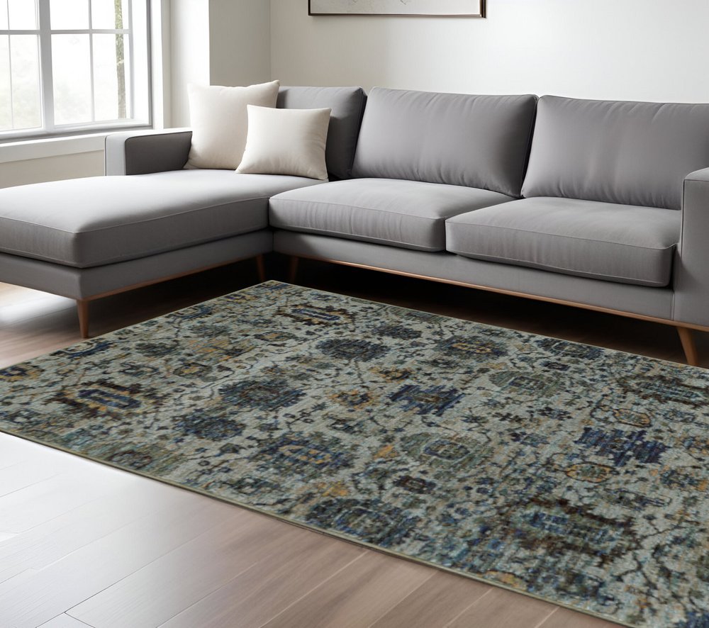 9' X 12' Blue Green Oriental Power Loom Area Rug