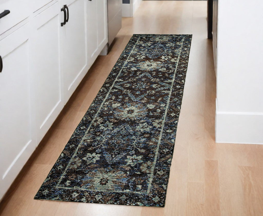 8' Runner Navy Blue Oriental Power Loom Runner Rug