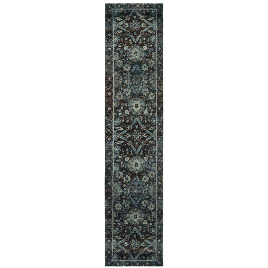 12' Runner Navy and Blue Oriental Power Loom Runner Rug