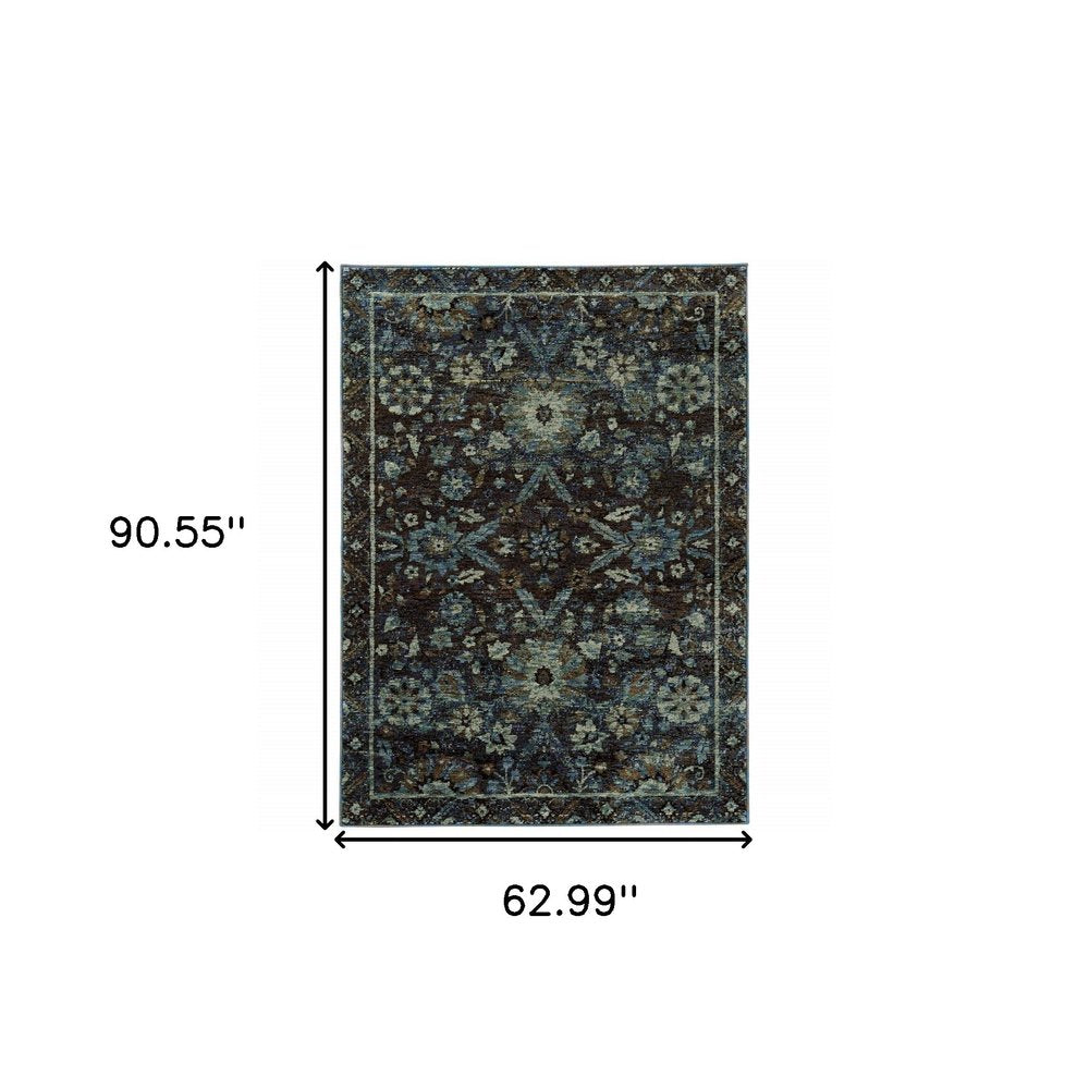 5' X 7' Navy Blue And Blue Oriental Area Rug