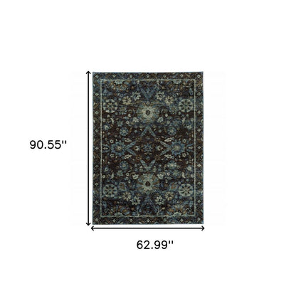 5' X 7' Navy Blue And Blue Oriental Area Rug