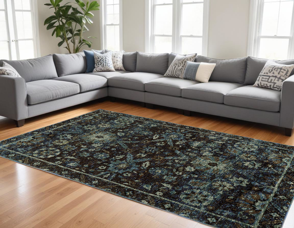 7' X 10' Navy Blue Oriental Power Loom Area Rug