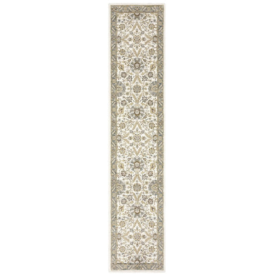 12' Gray And Ivory Oriental Runner Rug