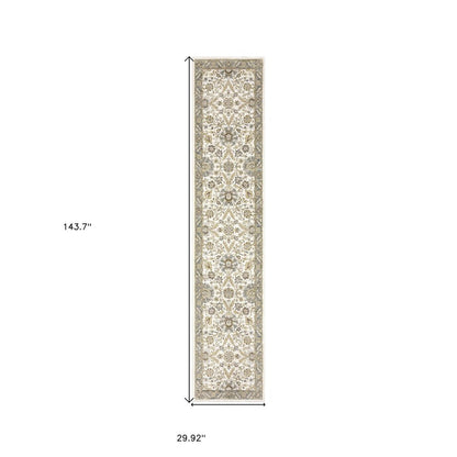 12' Gray And Ivory Oriental Runner Rug