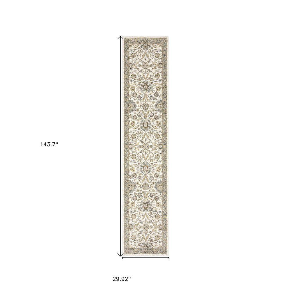 12' Gray And Ivory Oriental Runner Rug
