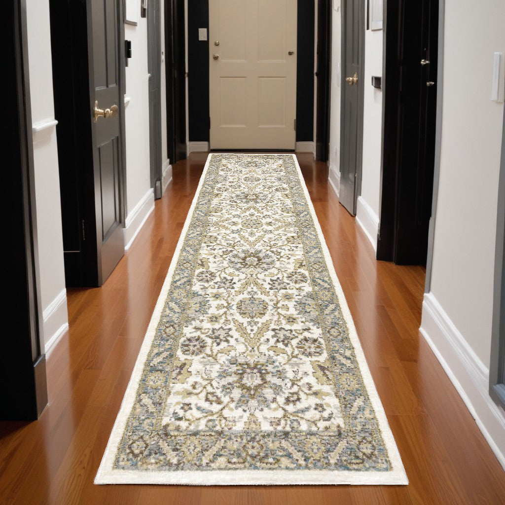 12' Runner Gray and Ivory Oriental Power Loom Runner Rug