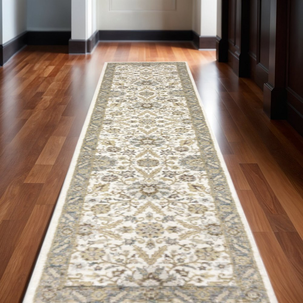 12' Gray And Ivory Oriental Runner Rug