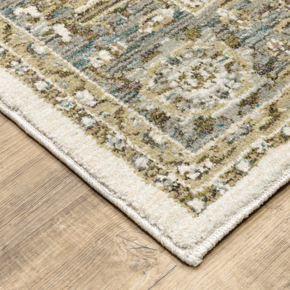8' Ivory And Blue Oriental Runner Rug
