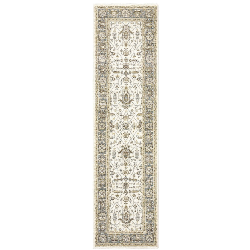 8' Ivory And Blue Oriental Runner Rug