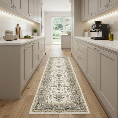 8' Ivory And Blue Oriental Runner Rug