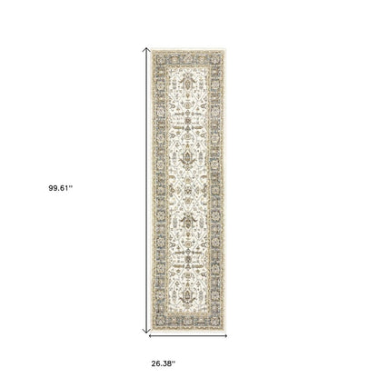 8' Ivory And Blue Oriental Runner Rug