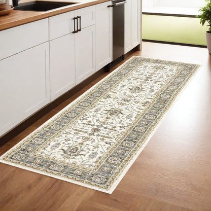 8' Ivory And Blue Oriental Runner Rug
